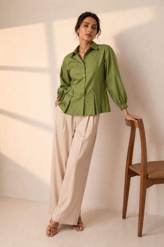Olive Pintuck Cotton Shirt