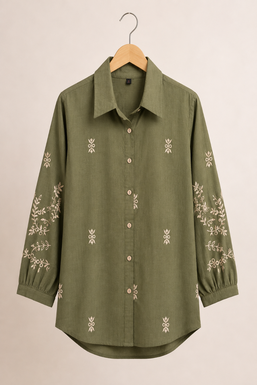 Embroidered Shirt, Green Shirts for women, Ladies Shirt
