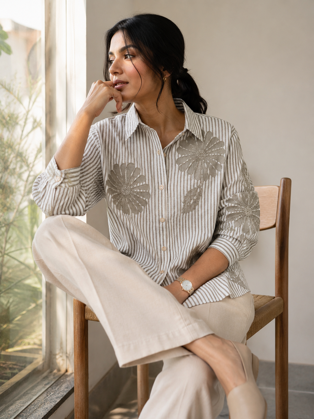 Flora Stripe Embroidered Shirt