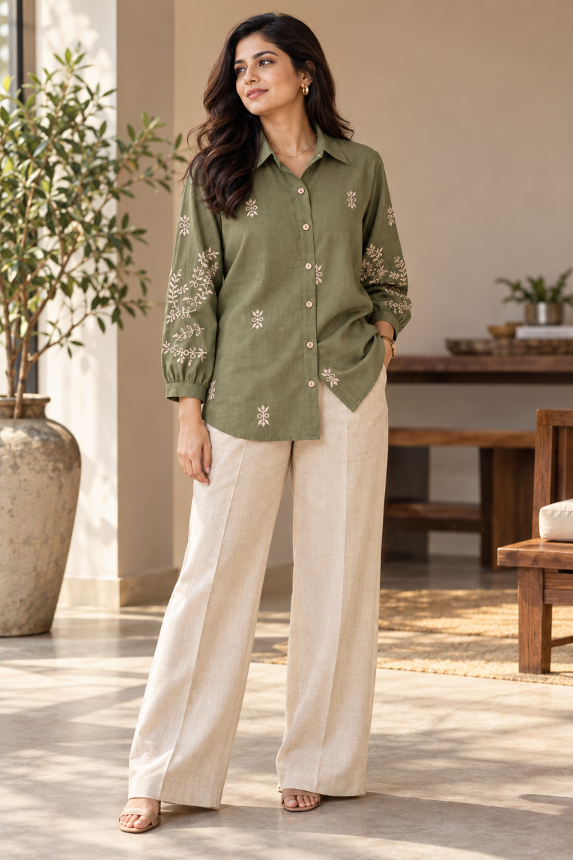 Embroidered Shirt, Green Shirts for women, Ladies Shirt